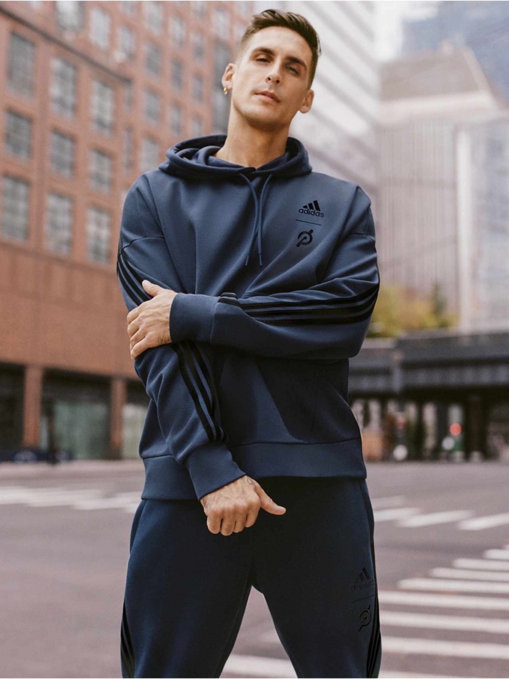adidas Unisex Blue Hooded Pullover with 3-Stripe Sleeve. Pelaton collab